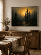 Hand-painted golden forest landscape displayed in a dining room with dark wood furniture
