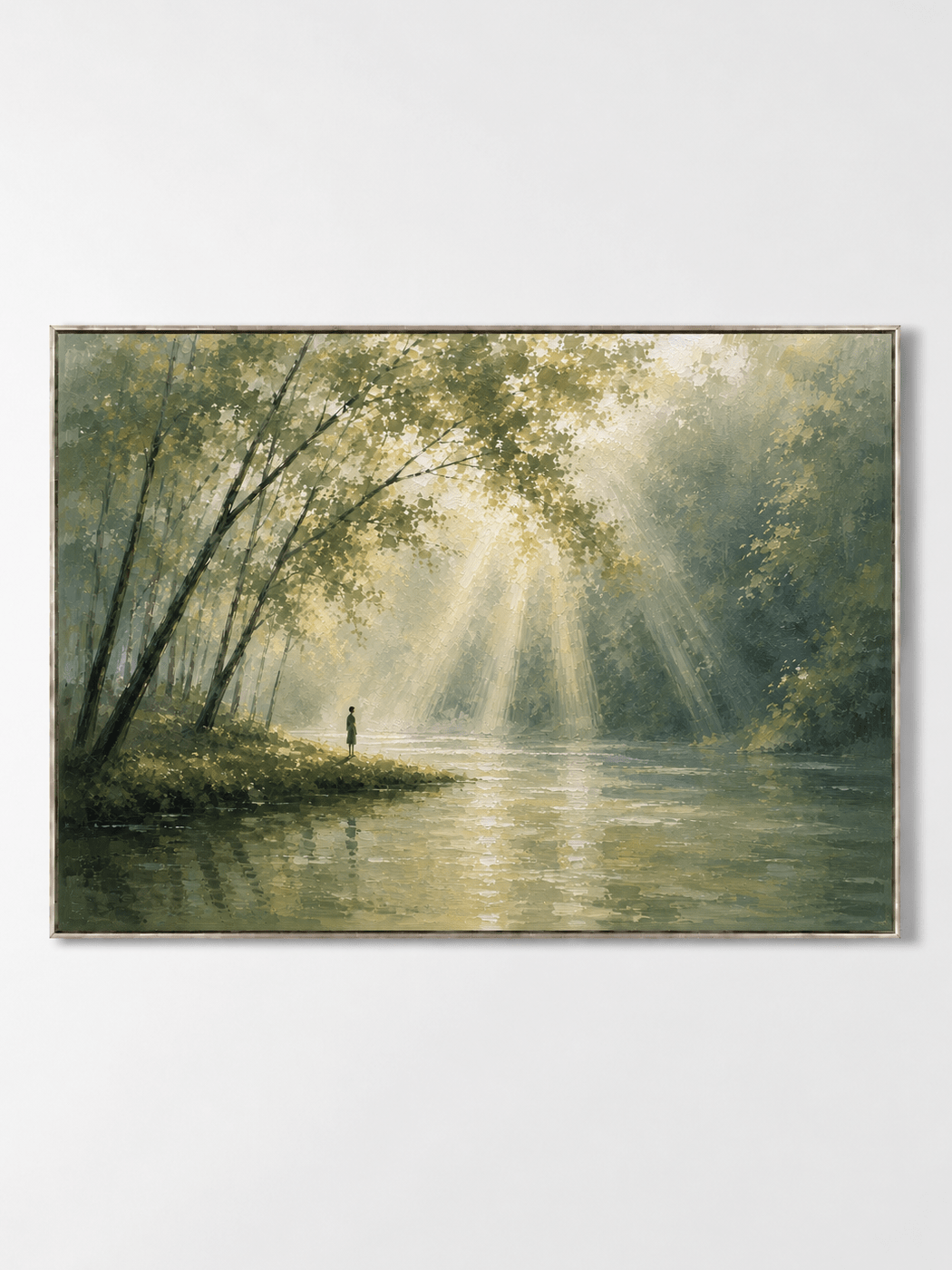 Hand-painted sunlit forest river wall art with golden rays, green trees and a solitary figure by Evelyn Li