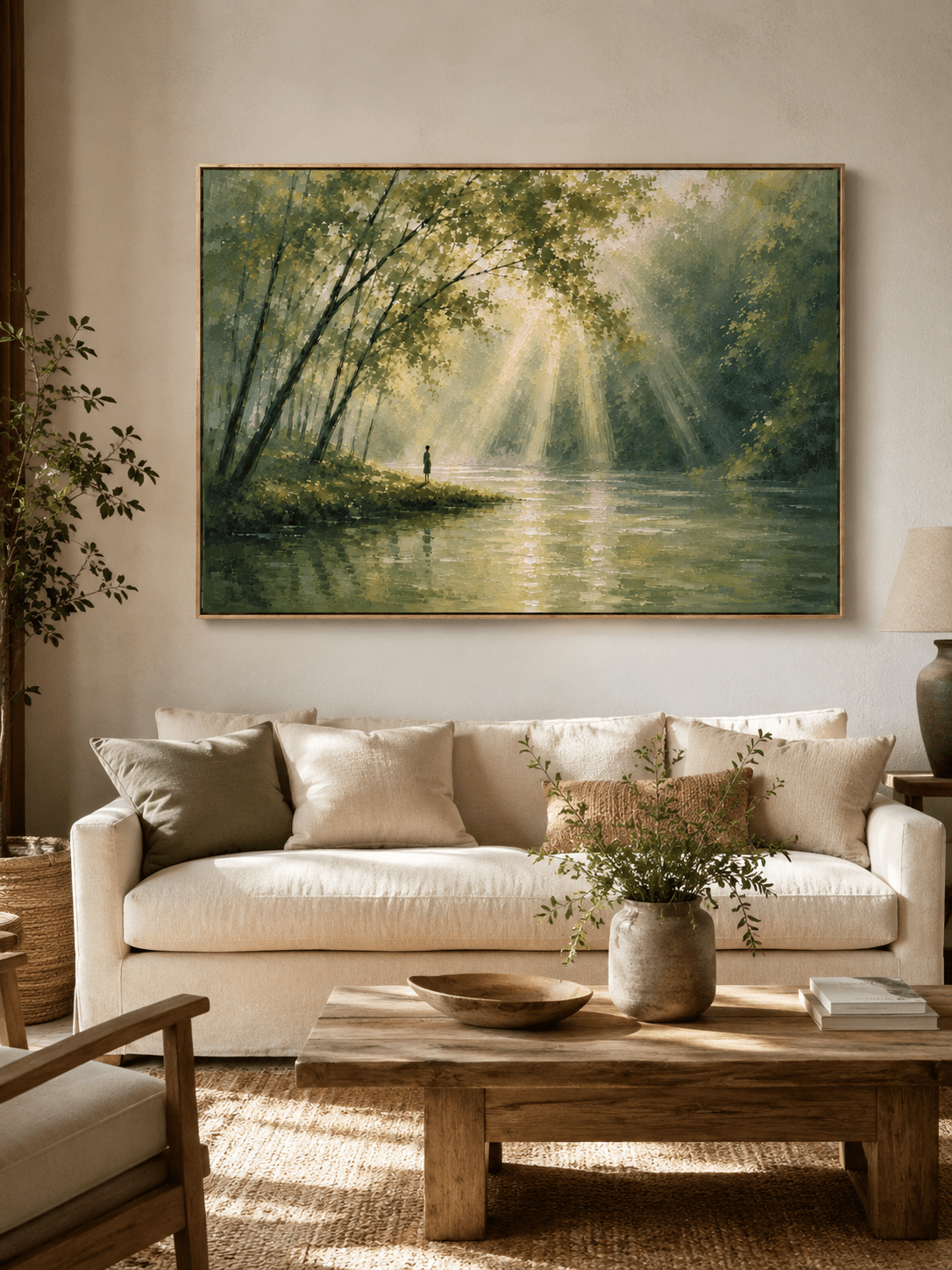 Sunlit forest river painting displayed above a neutral sofa in an organic modern living room