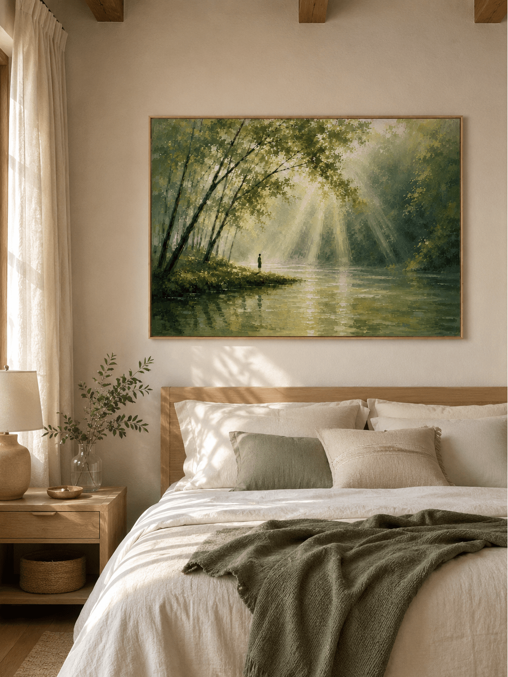 Green woodland landscape with golden sunlight displayed above the bed in a calm neutral bedroom