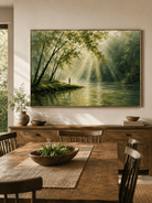 Hand-painted forest river wall art displayed in a dining room with natural wood furniture