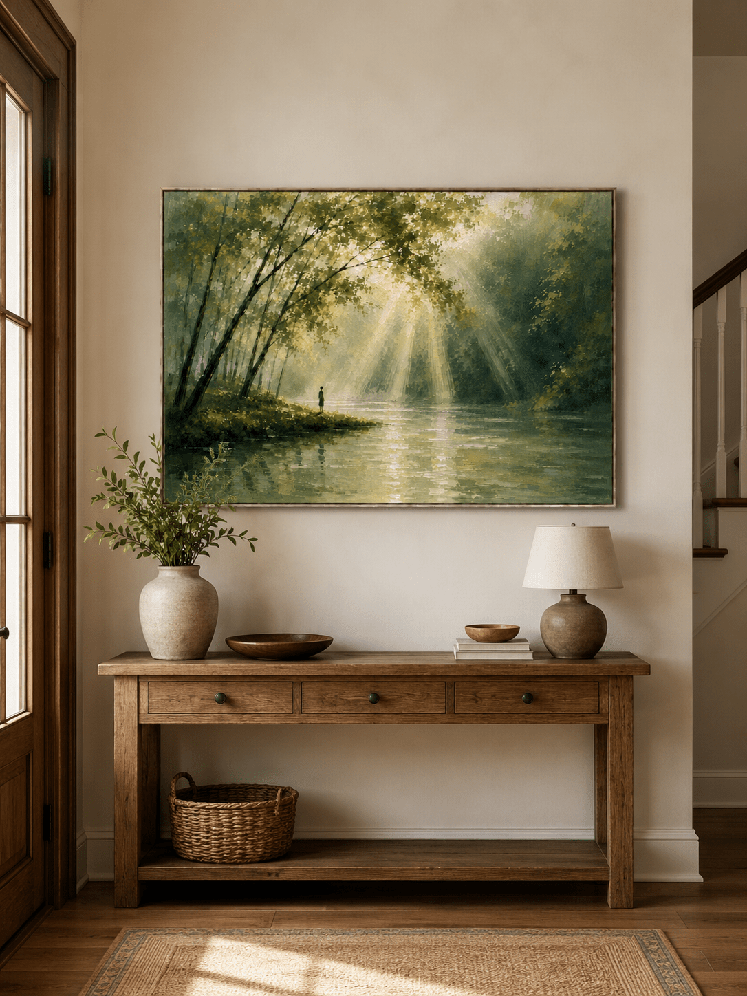Horizontal sunlit forest painting displayed above a long wood console in a warm modern entryway