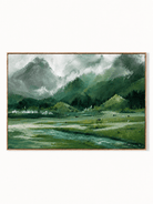 Hand-painted alpine mountain landscape with green meadow, misty peaks, grazing cows and stream by Evelyn Li