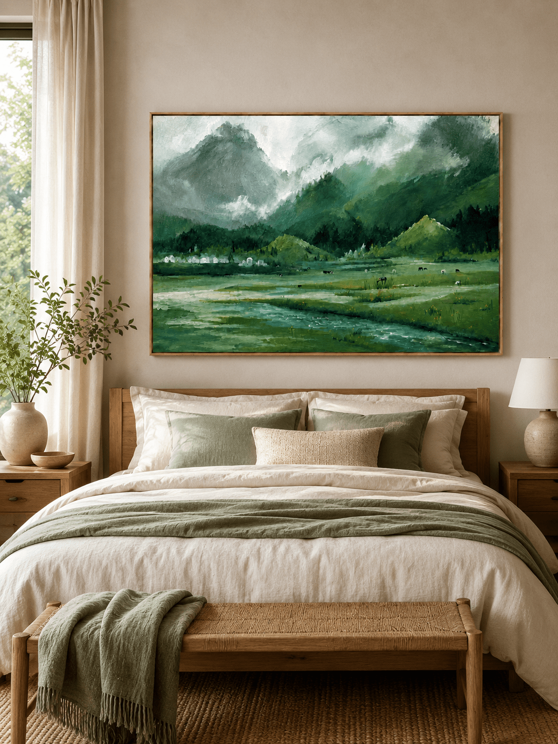 Peaceful mountain meadow wall art displayed above the bed in a nature-inspired bedroom