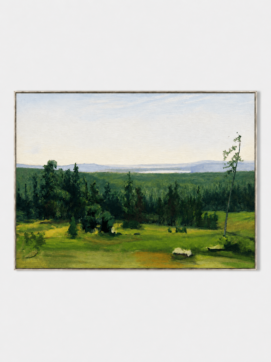 Hand-painted green meadow landscape wall art with lush forest and distant blue hills by Evelyn Li