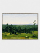 Hand-painted green meadow landscape wall art with lush forest and distant blue hills by Evelyn Li