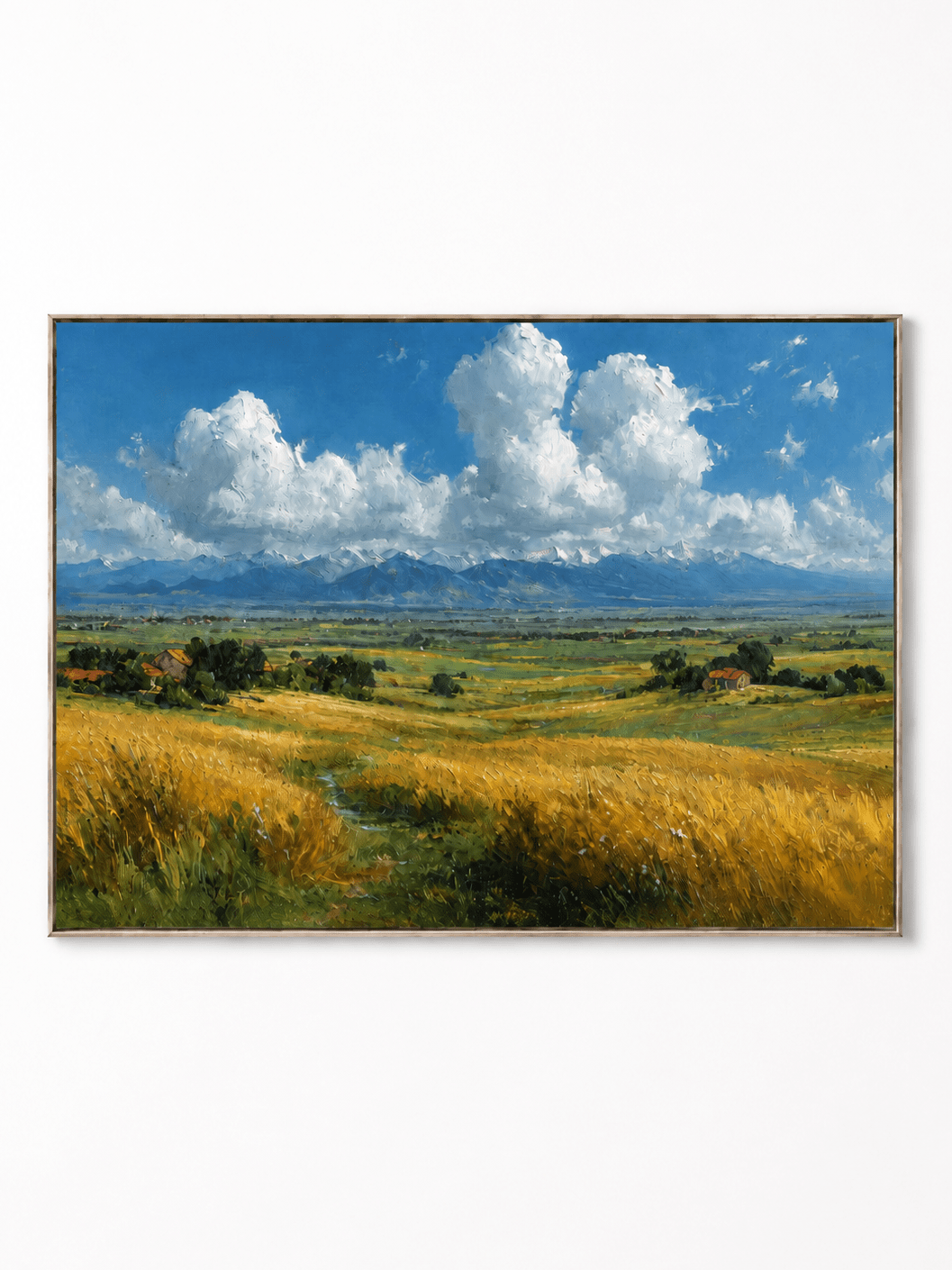 Hand-painted golden wheat field wall art with blue sky, white clouds and distant mountains by Evelyn Li