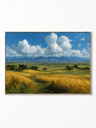 Hand-painted golden wheat field wall art with blue sky, white clouds and distant mountains by Evelyn Li