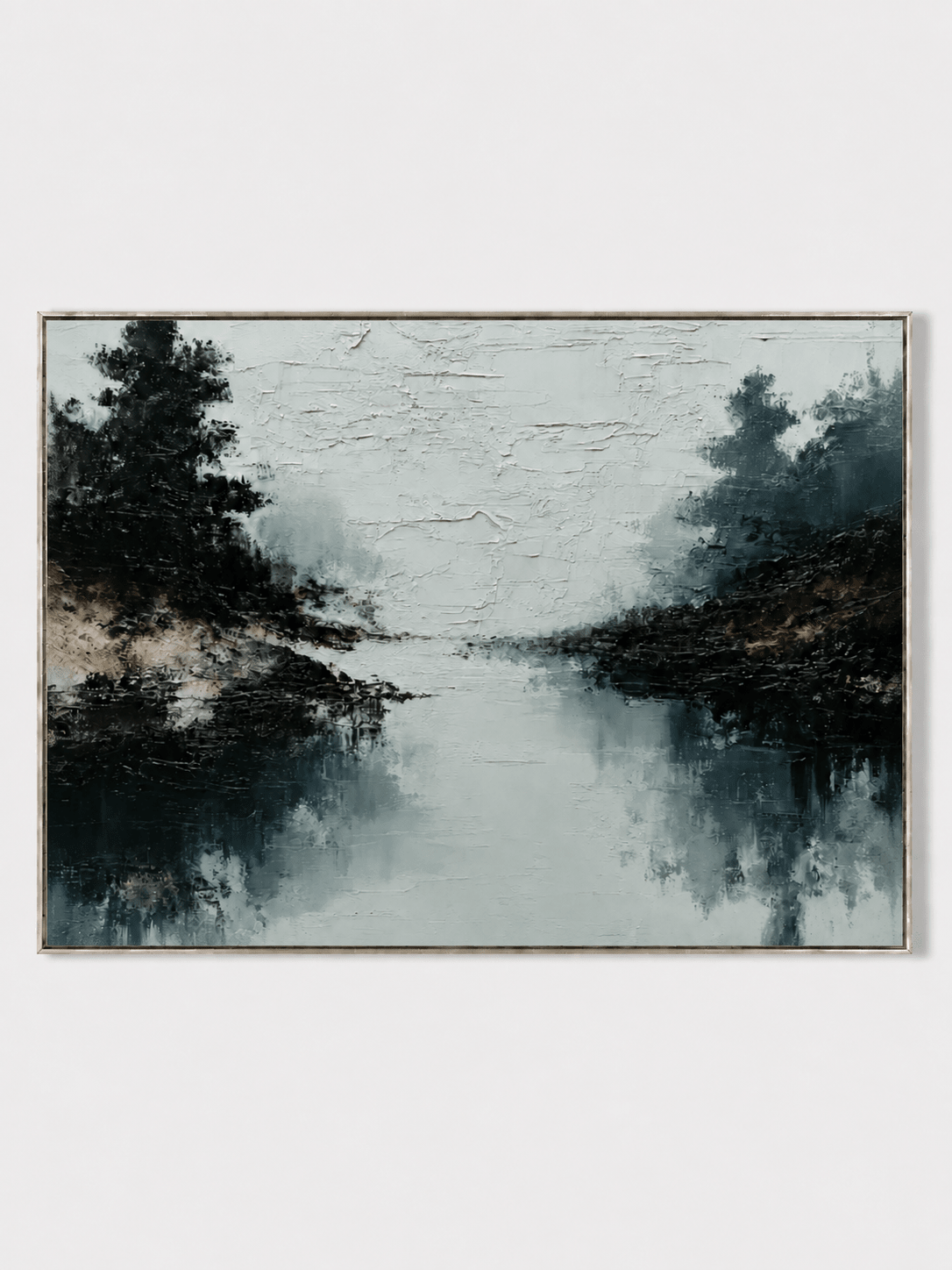 Hand-painted lake reflection wall art with charcoal forest, misty gray-blue water and textured surface by Evelyn Li