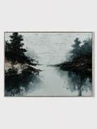 Hand-painted lake reflection wall art with charcoal forest, misty gray-blue water and textured surface by Evelyn Li