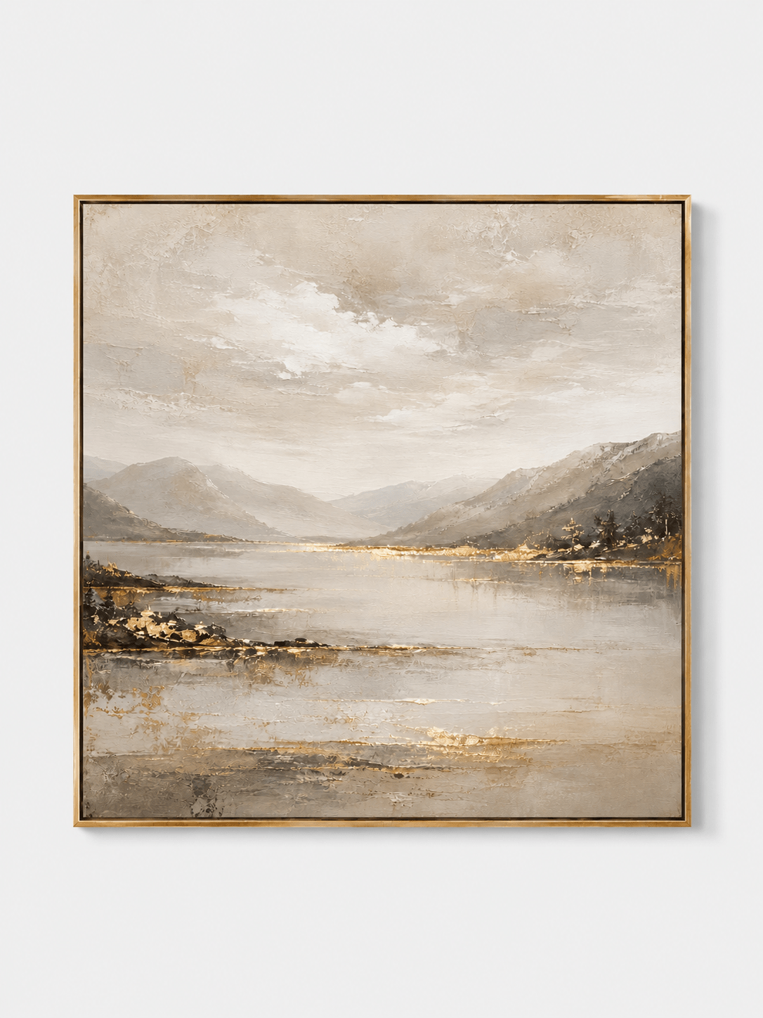 Hand-painted modern textured mountain lake wall art in warm beige, ivory and gold by Evelyn Li on a white background