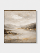 Hand-painted modern textured mountain lake wall art in warm beige, ivory and gold by Evelyn Li on a white background