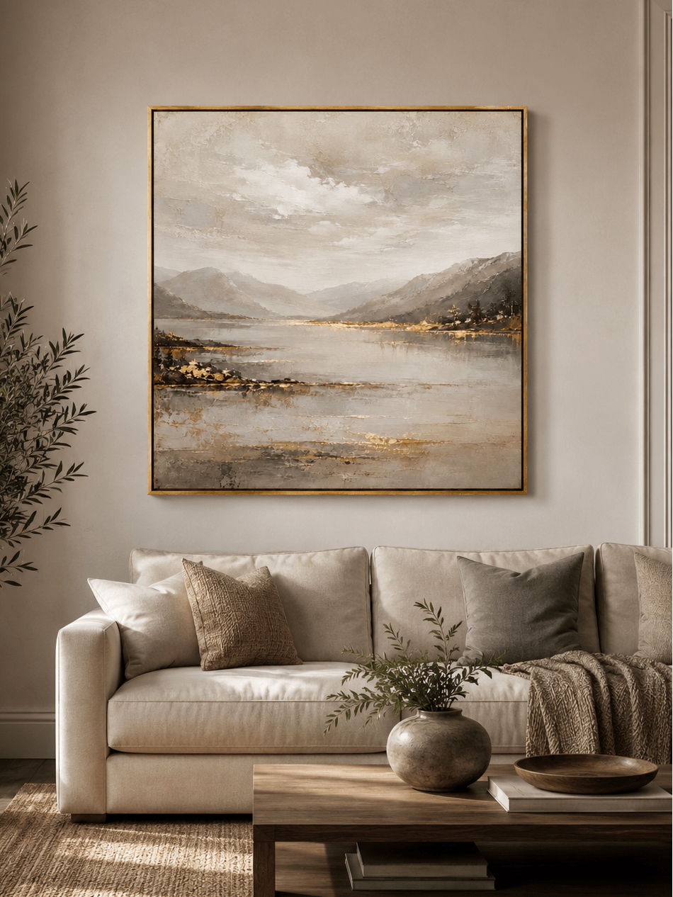 Large neutral textured mountain lake wall art displayed above a beige sofa in a modern living room
