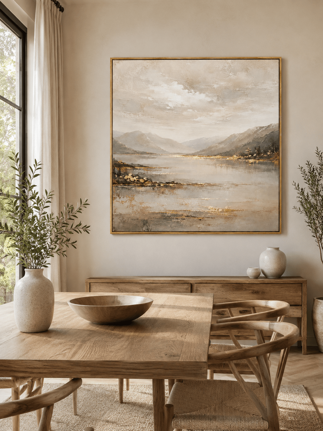Large textured mountain lake painting with beige and gold tones displayed in a modern open dining room