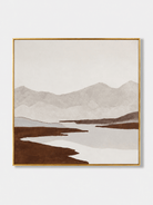 Hand-painted wabi-sabi textured mountain landscape wall art in warm ivory, taupe and earthy brown by Evelyn Li