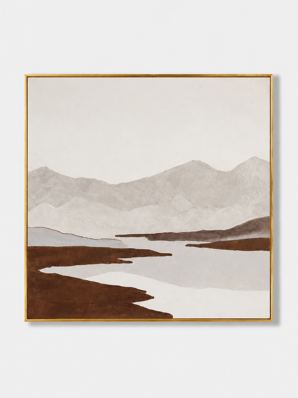 Hand-painted wabi-sabi textured mountain landscape wall art in warm ivory, taupe and earthy brown by Evelyn Li