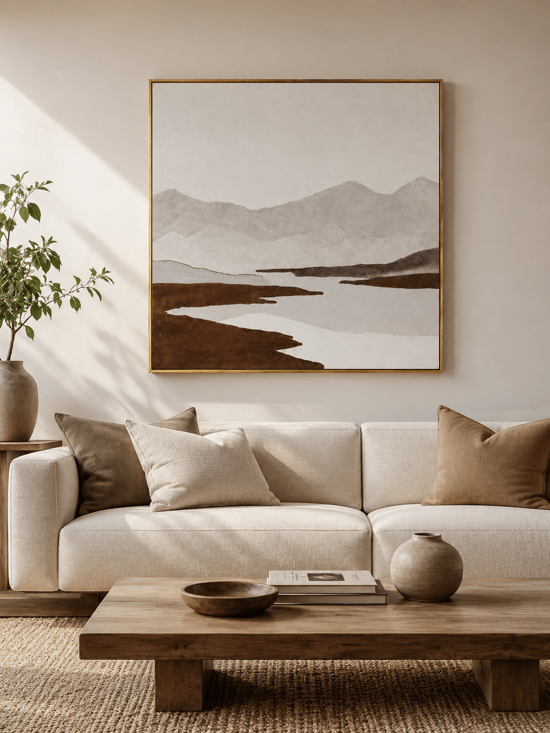 Large wabi-sabi mountain landscape wall art displayed above a beige sofa in a neutral modern living room