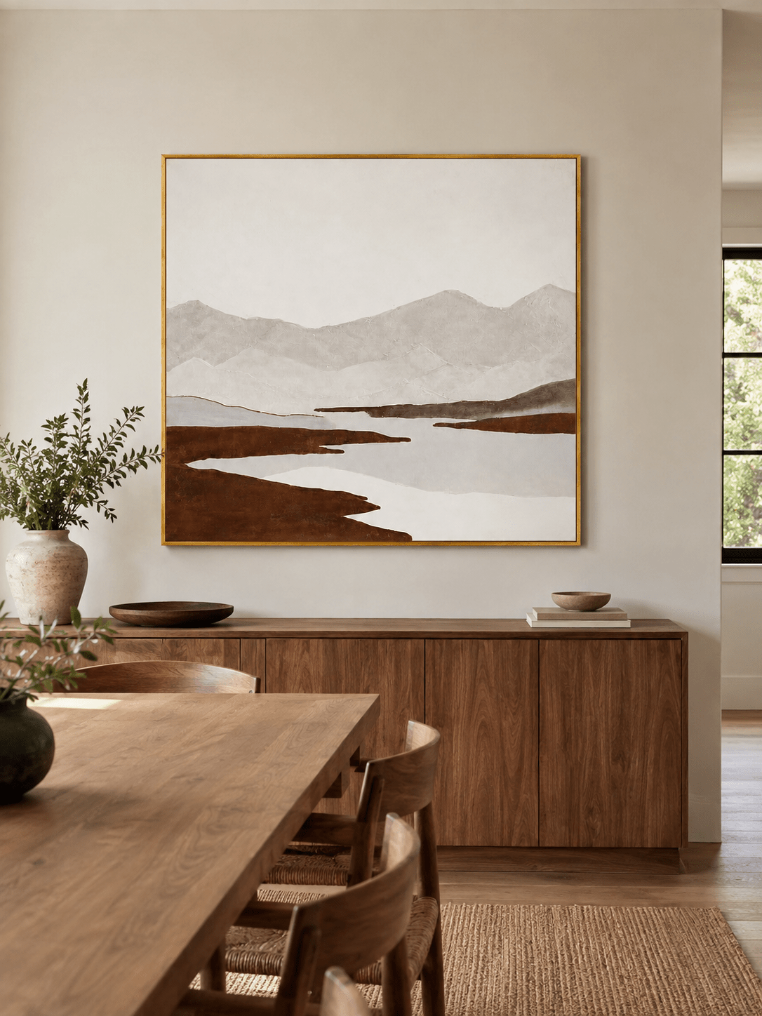 Earth tone mountain landscape wall art displayed in an organic modern open dining room