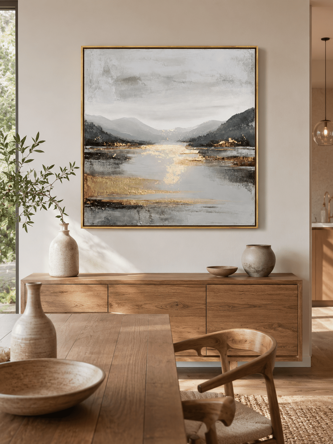 Large textured mountain landscape wall art in gray and gold displayed in a modern open dining room