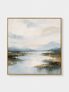 Hand-painted textured blue river landscape wall art in ivory, blue-gray and earthy tones by Evelyn Li