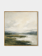 Hand-painted green textured river landscape wall art in warm ivory, sage and olive tones by Evelyn Li