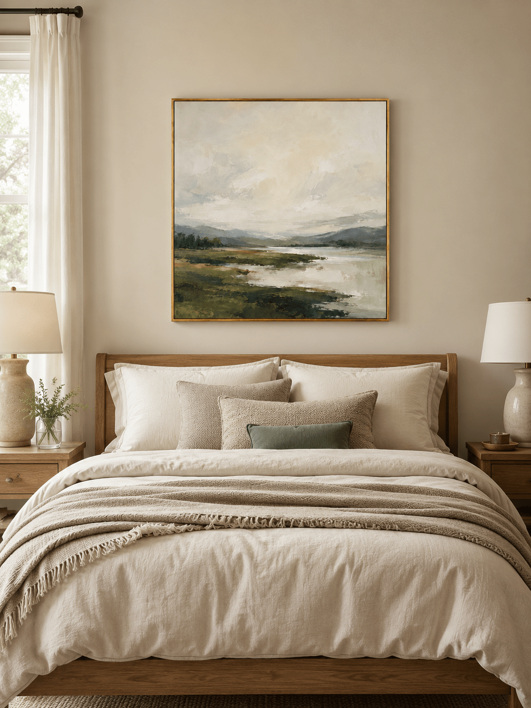 Muted green river valley landscape painting displayed above the bed in a warm neutral bedroom