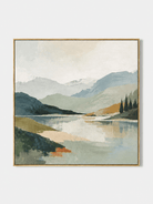 Hand-painted sage green mountain lake wall art with textured blue-gray mountains and ivory sky by Evelyn Li