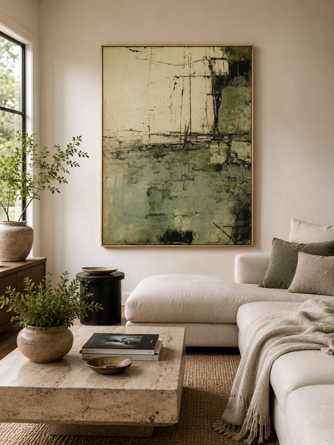 Sage green abstract wall art displayed above a neutral sofa in an organic modern living room