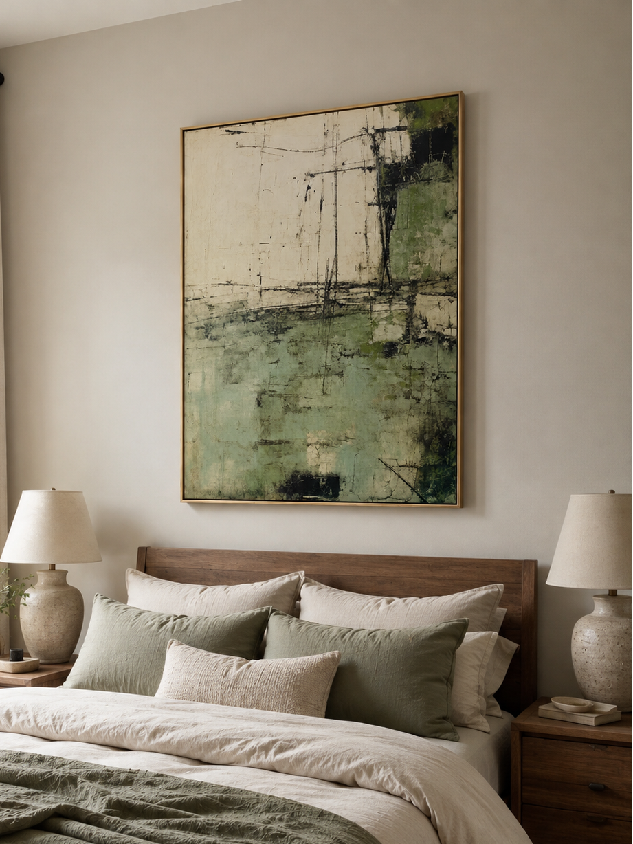 Green and ivory abstract painting displayed above the bed in a calm contemporary bedroom