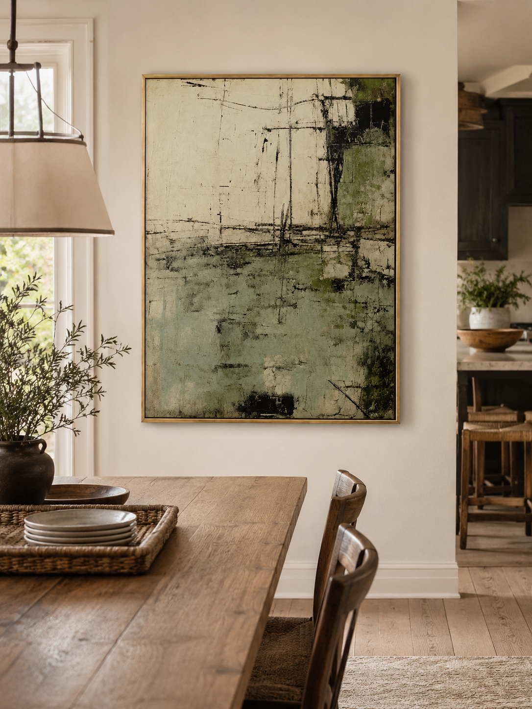 Hand-painted green and black abstract wall art displayed in a modern open-plan dining room