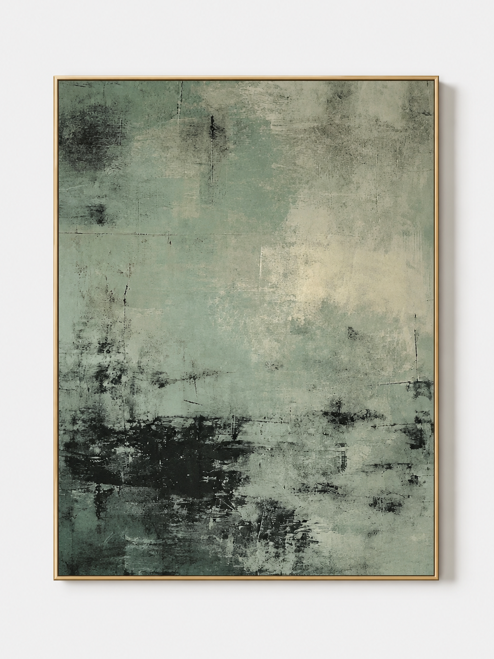 Hand-painted wabi-sabi sage green abstract wall art with textured finish and charcoal details