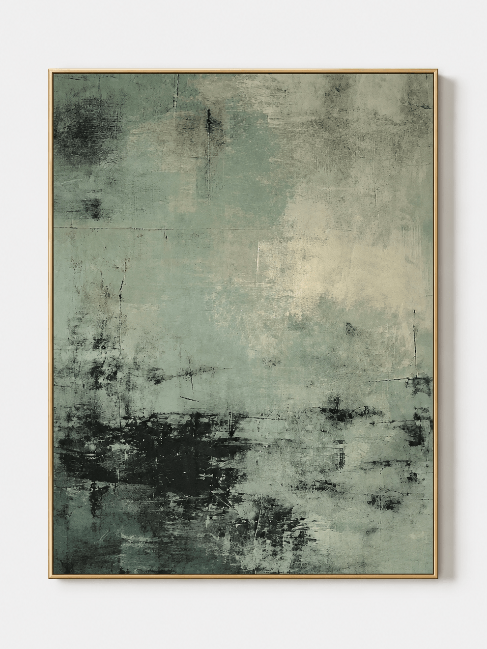 Hand-painted wabi-sabi sage green abstract wall art with textured finish and charcoal details