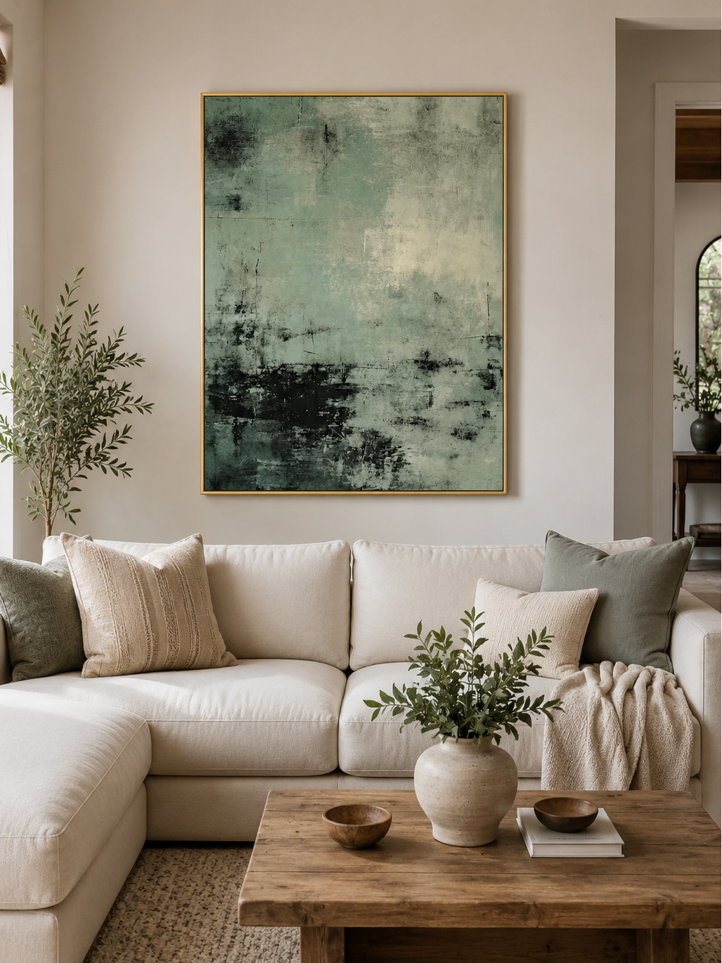 Sage green abstract wall art displayed in a modern living room above a sofa