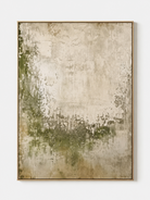 Moss green abstract wall art with ivory tones and weathered texture in a slim gold frame