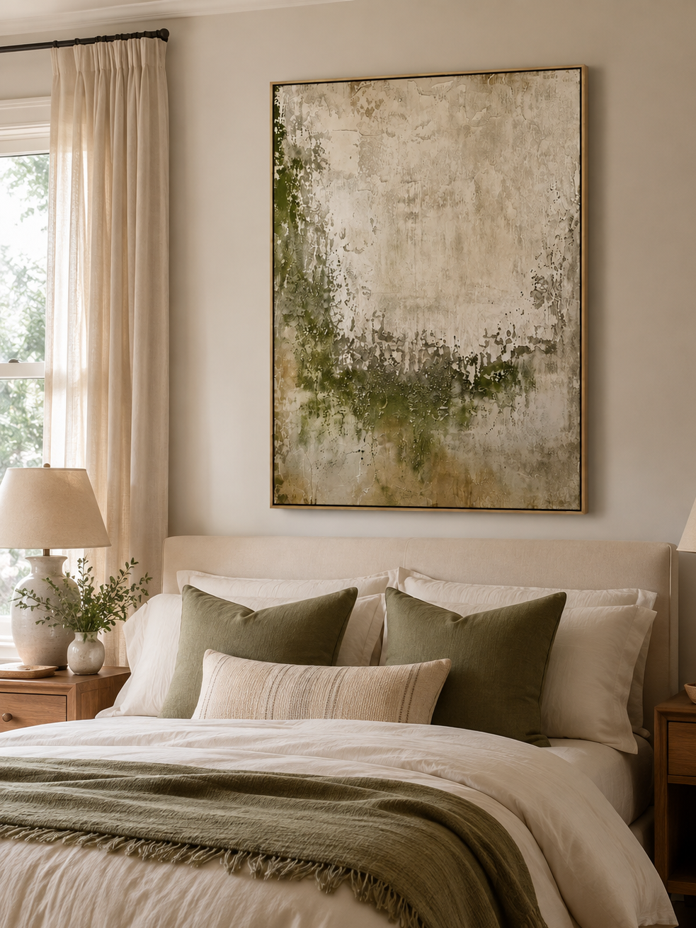 Ivory and sage green abstract painting displayed above the bed in a calm neutral bedroom