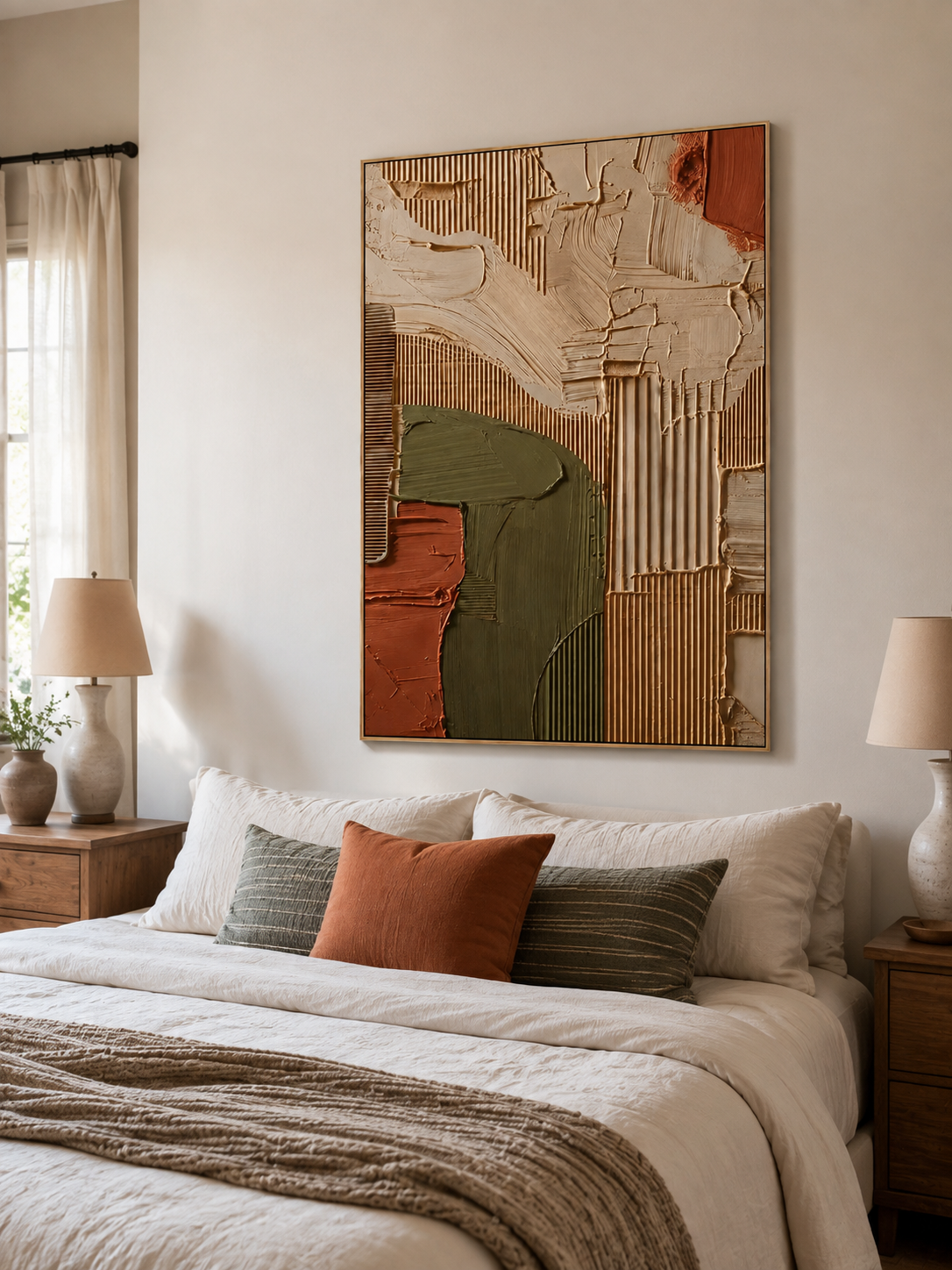 Earth-tone textured abstract wall art styled above a bed in a warm minimalist bedroom