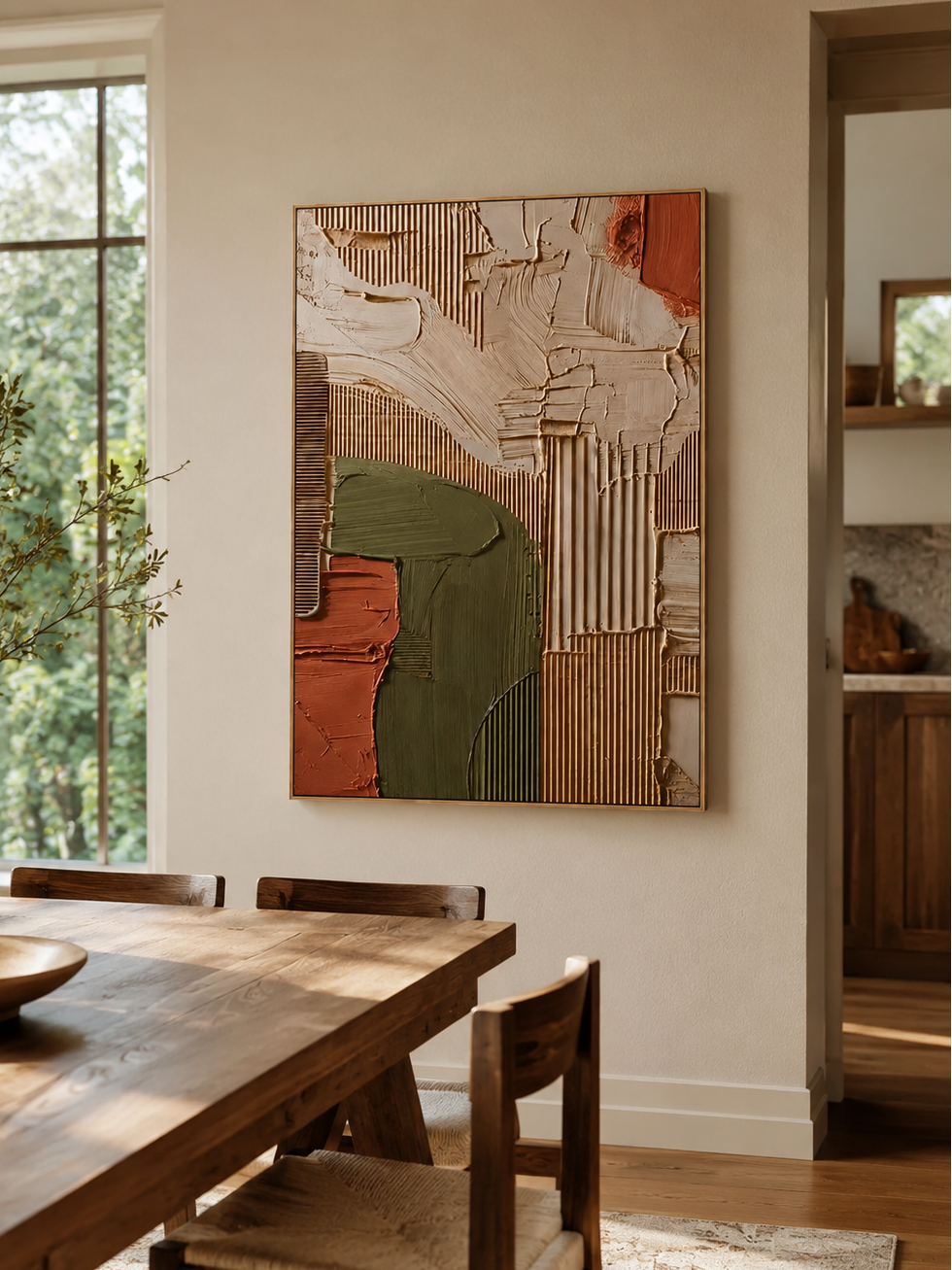 Olive green and terracotta geometric wall art displayed in a modern open-plan dining room