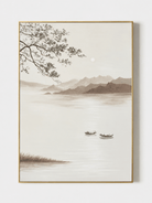 Hand-painted Japandi misty lake landscape wall art in warm ivory and taupe by Akari Kobayashi