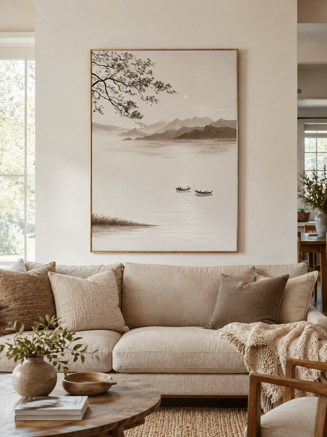 Japandi misty lake landscape painting above a neutral sofa in a serene modern living room
