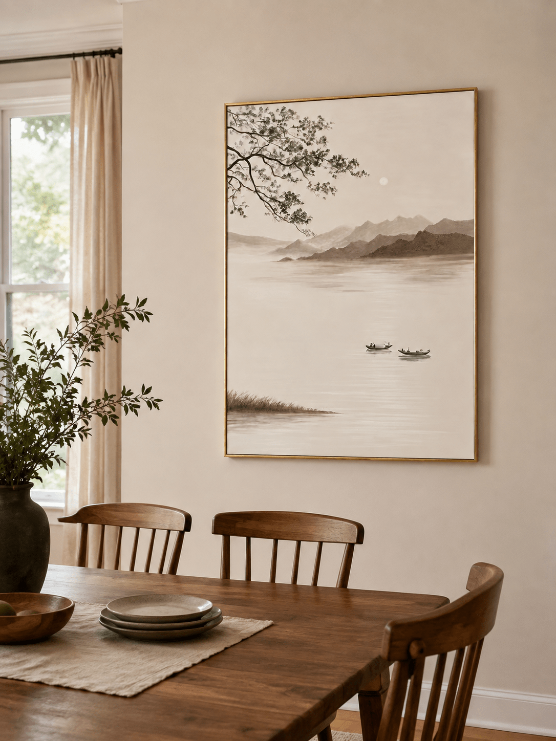 Hand-painted misty mountain lake canvas styled in a warm open-plan dining room