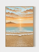 Hand-painted 3D textured coastal sunrise wall art in aqua, peach and sand tones by Leo Liang