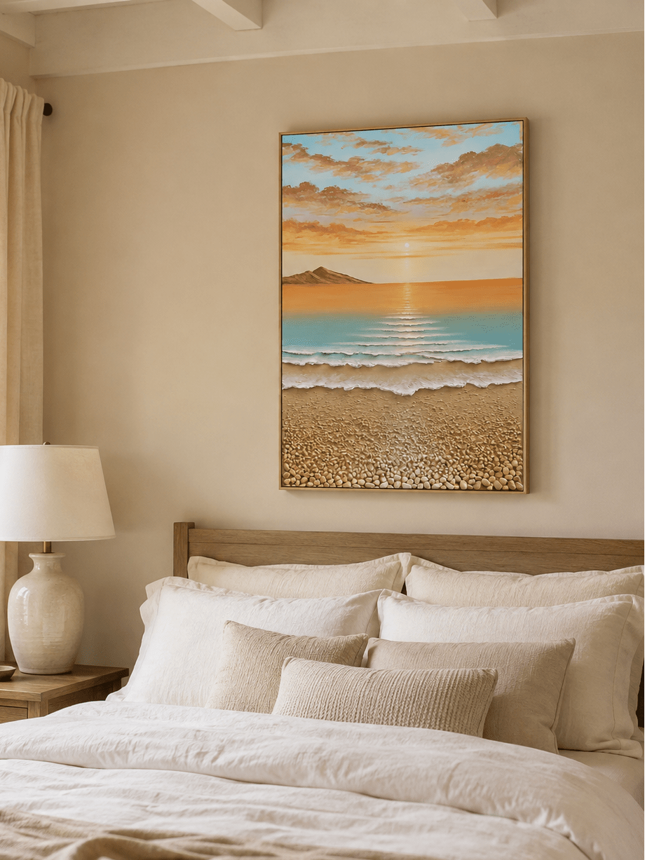 Aqua and peach seascape painting displayed above a bed in a calm coastal bedroom