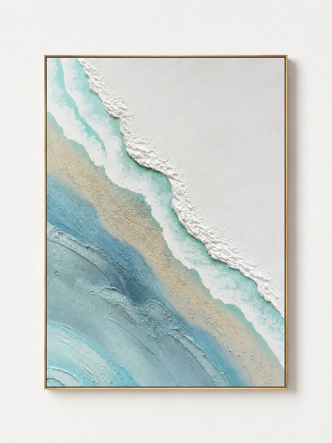 Hand-painted 3D textured ocean shoreline wall art in aqua, white and sand tones by Leo Liang