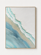 Hand-painted 3D textured ocean shoreline wall art in aqua, white and sand tones by Leo Liang