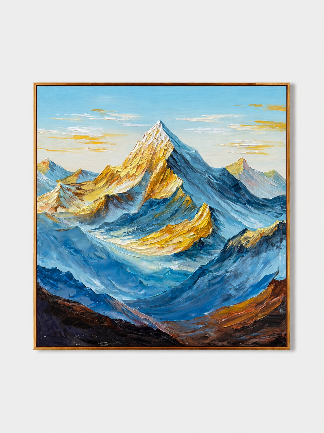 Hand-painted blue and gold impasto mountain wall art by Evelyn Li on a white background