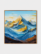 Hand-painted blue and gold impasto mountain wall art by Evelyn Li on a white background