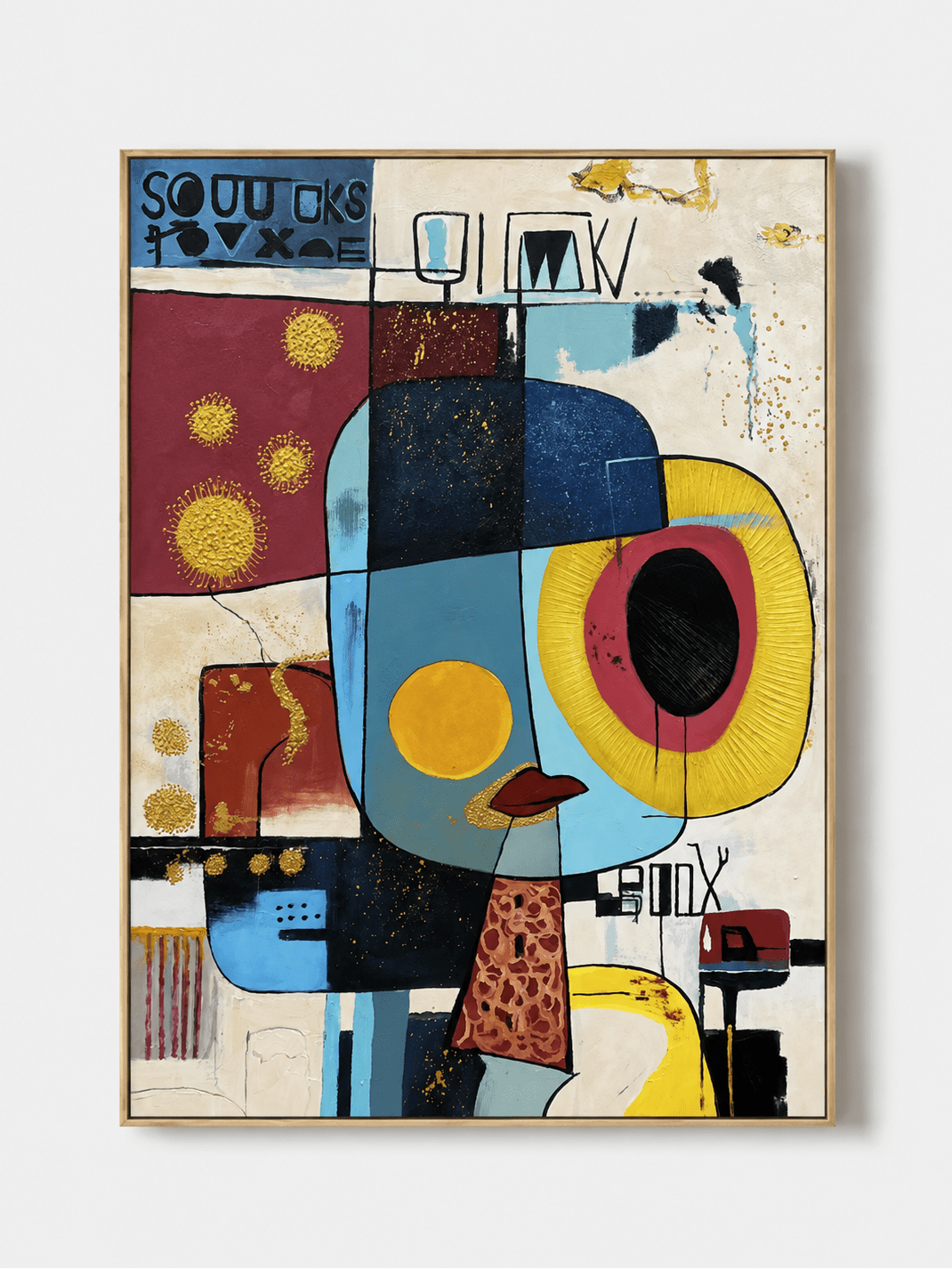 Hand-painted modern cubist abstract face wall art in aqua, navy, mustard and burgundy by Kaelan Slate