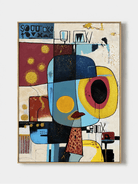 Hand-painted modern cubist abstract face wall art in aqua, navy, mustard and burgundy by Kaelan Slate