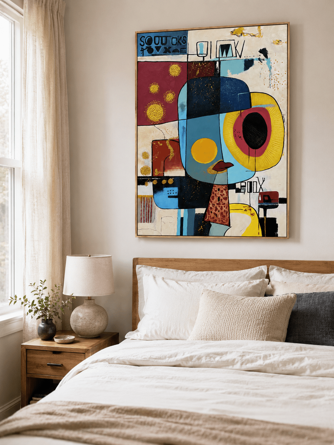 Geometric abstract portrait wall art displayed in a stylish modern eclectic bedroom