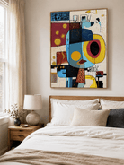 Geometric abstract portrait wall art displayed in a stylish modern eclectic bedroom